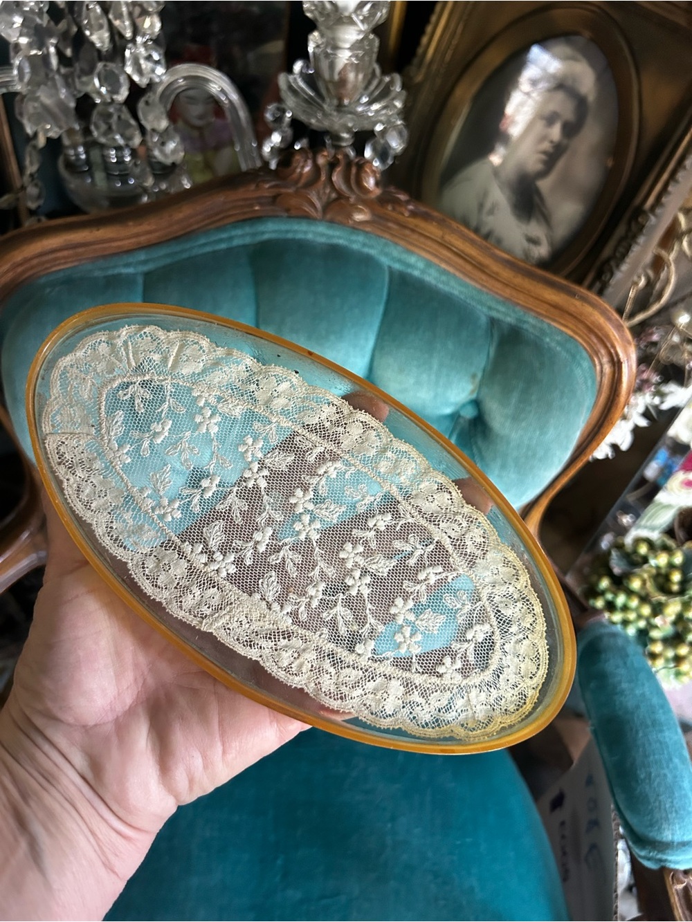 Vintage celluloid  Vanity Tray  with Lace Inset -